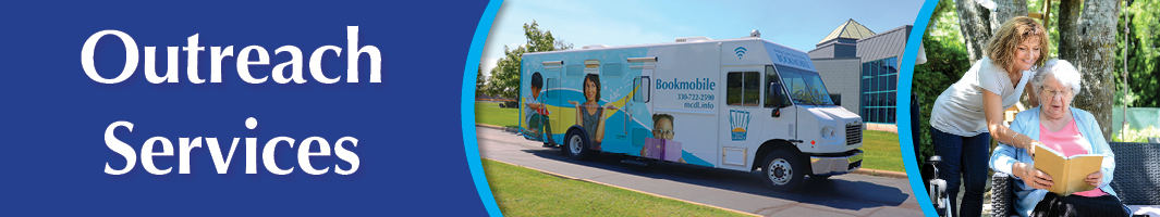 Bookmobile and two women sharing a book