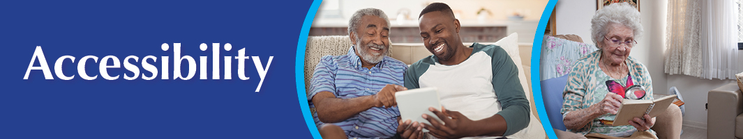 two men looking at tablet and a woman using a magnifier